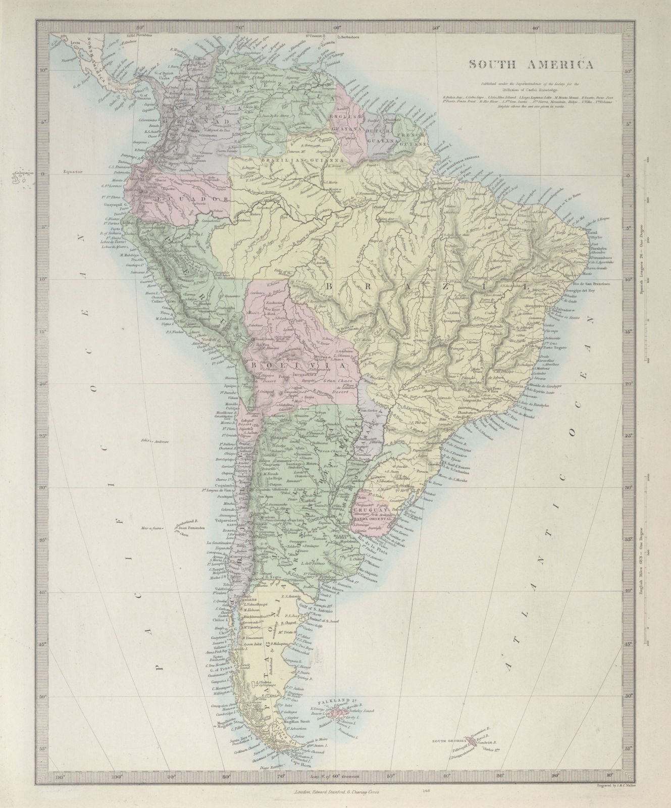 SOUTH AMERICA. Brazil Peru Bolivia w/Litoral Patagonia La Plata. SDUK 1857 map
